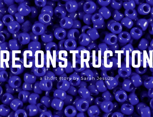 background of blue hair beads and the word Reconstruction